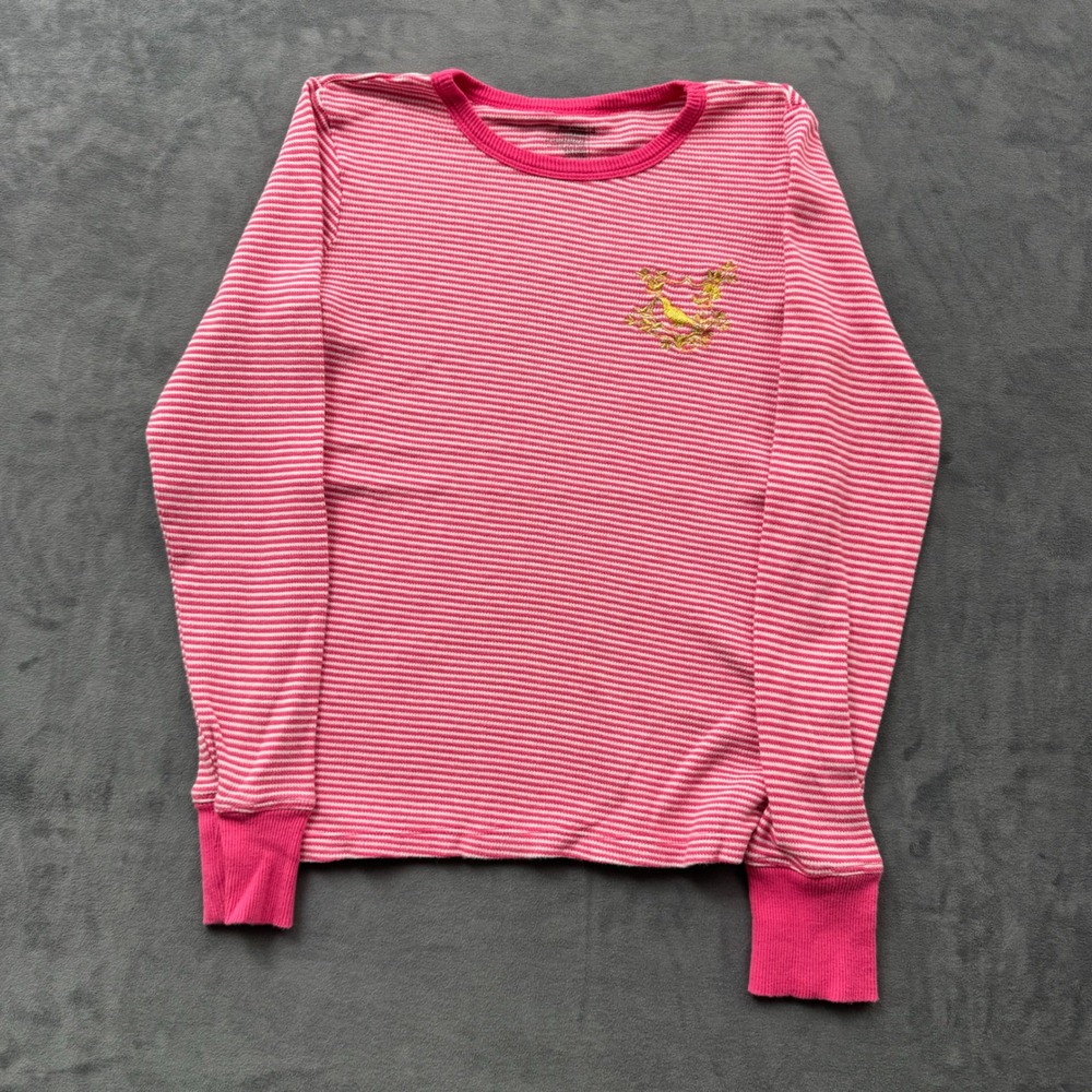 Old Navy Pink White Striped Thermal Long Sleeve Shirt Bird Crest Small